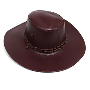Detail of dark red PU leather cowboy hat featuring braided rope and metal eyelets
