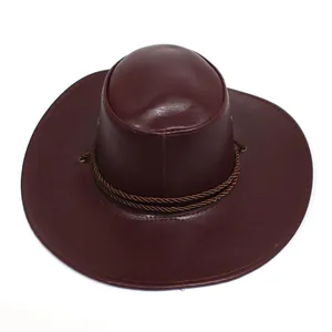Detailed view of dark brown PU leather cowboy hat with braided rope and metal buckle