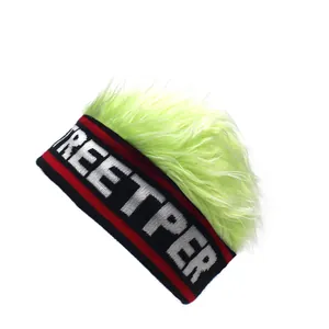 Detail of neon green faux fur wig hat with knitted Streetper letter headband logo