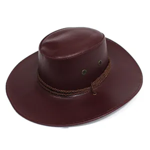 Detail of dark red PU leather cowboy hat with braided cord and metal ventilation eyelets