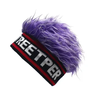 Funny hip-hop knit hat with purple wig hair and Streetper letter embroidery
