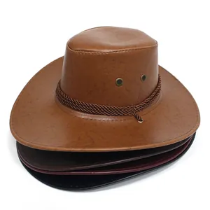 Stack of vintage PU leather cowboy hats in brown and black with braided cord details