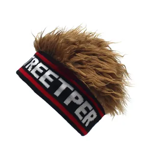 Funny beanie with synthetic brown wig hair and STREETPER knit band for party costume