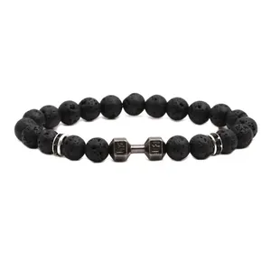 Natural Lava Stone Dumbbell Beaded Bracelet With Engraved Lift Life Motivation Gym Fitness Jewelry For Men Women