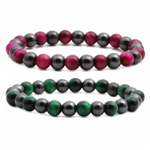 Tigerauge- und Hämatit-Perlenarmband-Set für Paare mit polierten 8mm Natursteinen