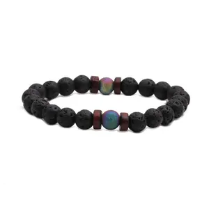 Schwarzes Lavastein-Perlenarmband mit schillernden Perlen und braunen Elementen