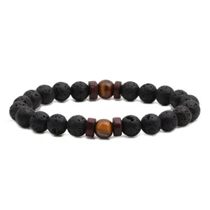 Elastisches Perlenarmband aus schwarzem Lavastein, Tigeraugenperlen und Holzakzenten