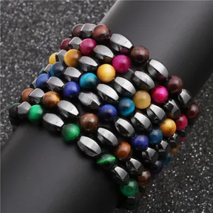 Opal and hematite beaded multilayer bracelet set for couples in colorful natural stone
