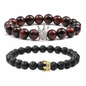 Ensemble de bracelets en perles couronne pour couples en œil de tigre et noir mat
