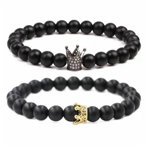 Bracelets de perles noires mates avec couronne pour couples avec œil de tigre et strass