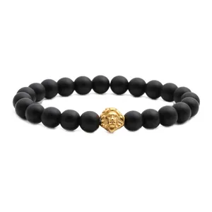 8mm matte black stone beaded bracelet featuring a gold-toned lion head centerpiece