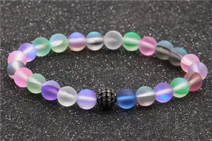 Moonstone aurora 8mm beaded bracelet with black zircon pave ball for men and women