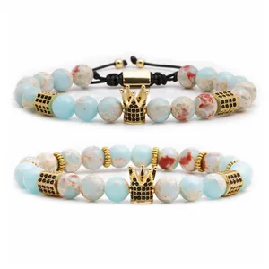 Ensemble de bracelets en perles de turquoise et œil de tigre avec couronne dorée