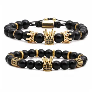 Ensemble de bracelets en perles noires avec breloques couronne dorée et cordon tressé