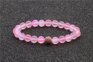 Pink frosted moonstone bead bracelet with 8mm aurora stones and rose gold zircon ball