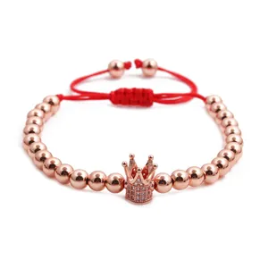Verstellbares rotes Seilarmband mit Roségold-Krone und funkelnden Zirkonia-Steinen
