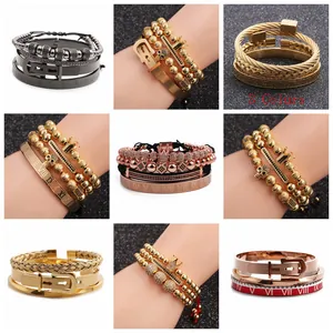 Men's adjustable zircon tube braided bracelet set with Roman numeral charms in 3 colors