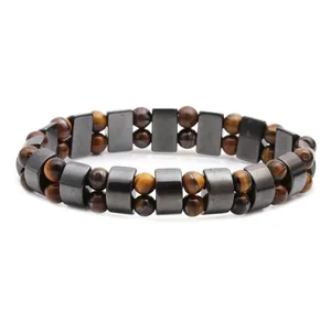 Pulsera de doble capa con hematita pulida rectangular y cuentas de ojo de tigre