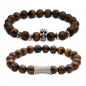 Men Vintage Punk Beaded Stone Bracelet Alloy Skull Charm Rhinestone Bar Tiger Eye Agate Howlite Fashion Jewelry Bracelet