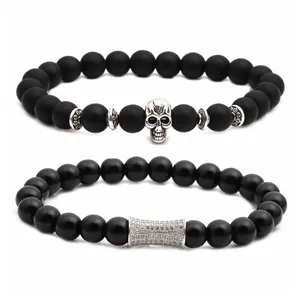 Men's beaded skull bracelet set with matte stones and crystal-inlaid metal charms