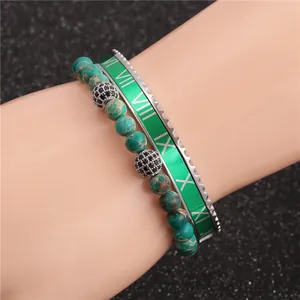 Coffret bracelet homme chiffres romains vert émeraude et perles de turquoise