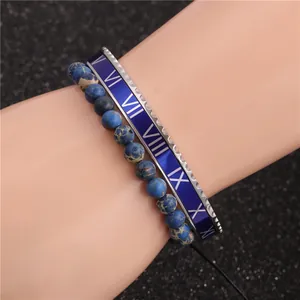 Set de bracelet pour hommes en perles d'oeil de tigre bleu et jonc romain argent