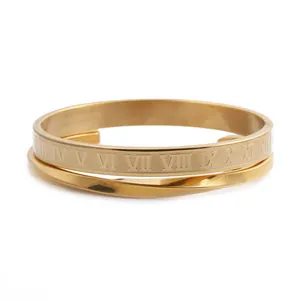 Verstelbare gouden roestvrijstalen armbandenset met Romeinse cijfers en gedraaide band