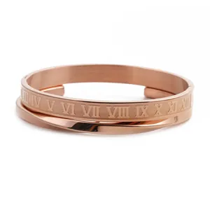 Roségouden roestvrijstalen armbandenset met Romeinse cijfers en gedraaid ontwerp