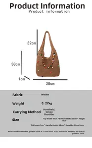 Detailed size specifications of a straw beach tote with colorful bead decorations