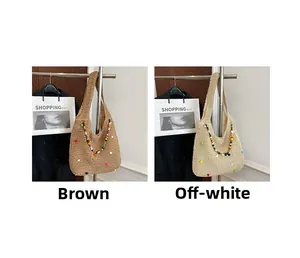 Detail comparison of brown and off-white straw woven bags with colorful beaded accents