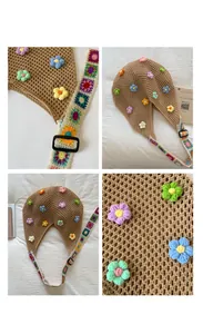 Dettaglio della borsa tote in maglia traforata con fiori all'uncinetto 3D e tracolla