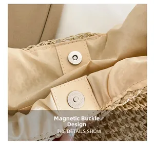 Macro detail of high-quality woven texture and silver magnetic snap closure on beach bag