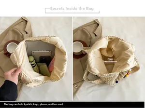 Detail of straw beach bag with magnetic buckle and spacious lining for daily essentials