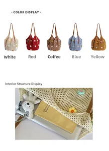 Detail view of colorful crochet floral tote bags with spacious interior and leather handles