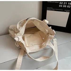 Detail view of large canvas tote bag with metal zipper and sturdy shoulder straps