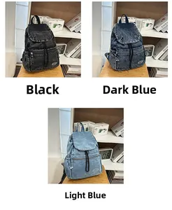 Detailed comparison of vintage denim backpacks in black, dark blue, and light blue finishes
