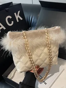 Women Fashion Diamond Quilted Chain Shoulder Bag With Faux Feather Decor Elegant Crossbody Bag For Commuting Versatile PU Leather Bag