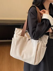 Women Casual Canvas Tote Bag Large Capacity Minimalist Shoulder Bag Solid Color Handbag For Commuting School Daily Use