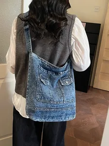 Sac Cabas en Denim Lavé Rétro pour Femmes Grande Capacité Sac à Bandoulière Avec Plusieurs Poches Sac à Main Streetwear Décontracté