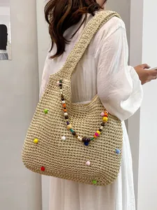 Women's Bohemian Straw Woven Shoulder Bag With Colorful Pom-Poms And Beaded Decoration Large Capacity Beach Tote Bag Casual Summer Travel Handbag
