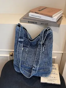 Sac cabas en denim délavé rétro avec grand compartiment et bandoulière réglable