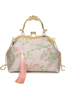 Oriental embroidered evening bag with floral rabbit pattern, gold handle and pearl chain