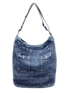 Sac fourre-tout vintage en denim bleu à grande capacité et forme demi-lune décontracté