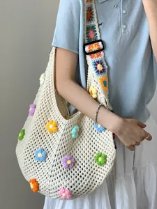 Borsa Tote da Donna all'Uncinetto Traforata Con Decorazione Floreale 3D Grande Capacità Borsa a Spalla in Maglia Bohemian per Vacanza