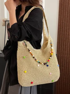 Straw beach bag with colorful pompoms and beads, large capacity shoulder tote for vacation
