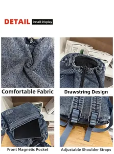 Detail view of denim backpack showing drawstring closure, magnetic pockets and adjustable straps