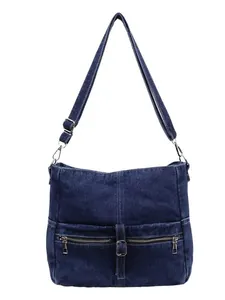 Vintage dark blue denim crossbody bag with adjustable strap and twin zipper pockets