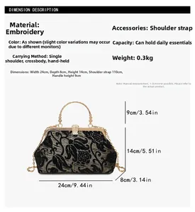 Detailed macro view of vintage embroidery handbag with metal frame and size dimensions