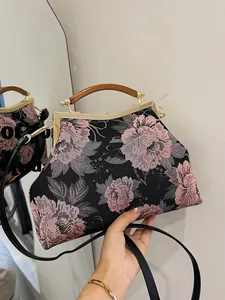 Retro Chinese style embroidered peony satin handbag with amber handle and metal frame