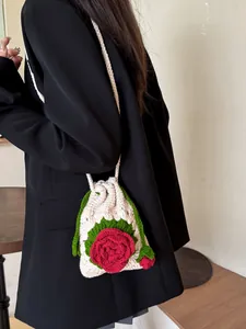 Bolso Bandolera de Rosa Tejido a Mano a Ganchillo para Mujer Bolso para Teléfono de Punto con Flor 3D Bolso Pequeño con Cordón Estilo Pastoral
